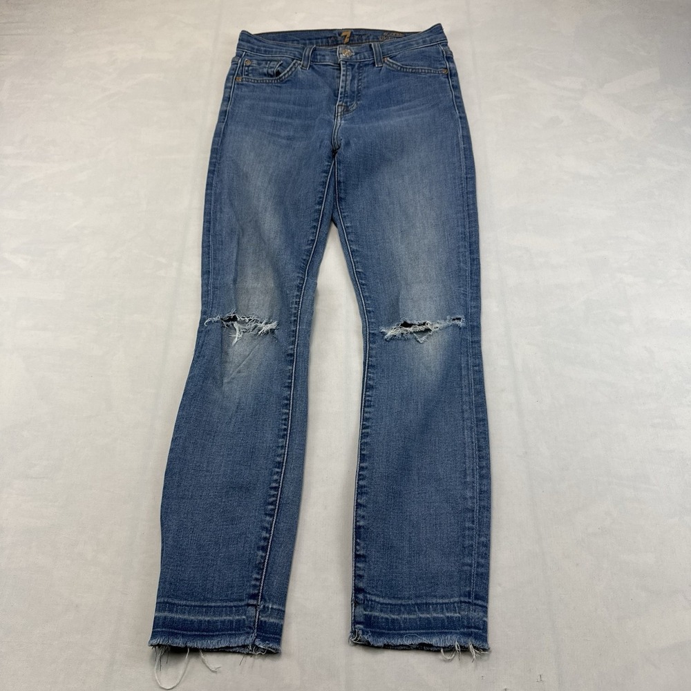 Seven7 Womens Jeans 24 Blue Denim Skinny Distressed Ripped Knees Raw Hem